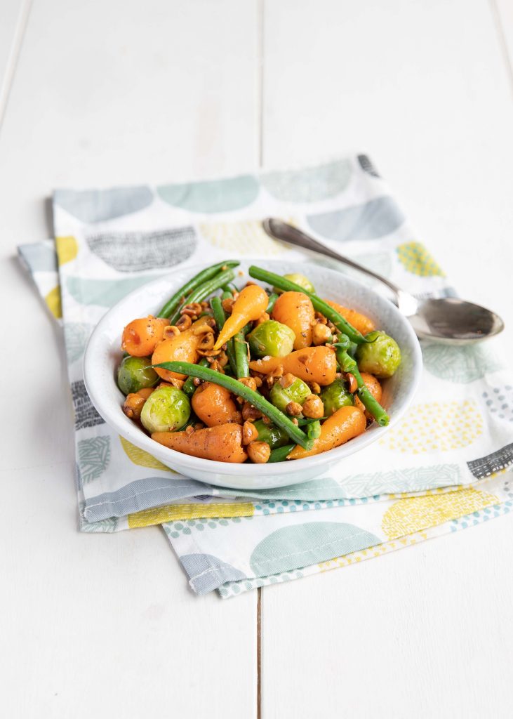 Chantenay Carrot, sprout and green beans with butter and hazelnuts