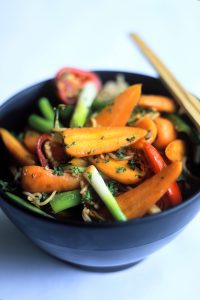 Stir fried Chantenay carrots with noodles and a soy-honey dressing